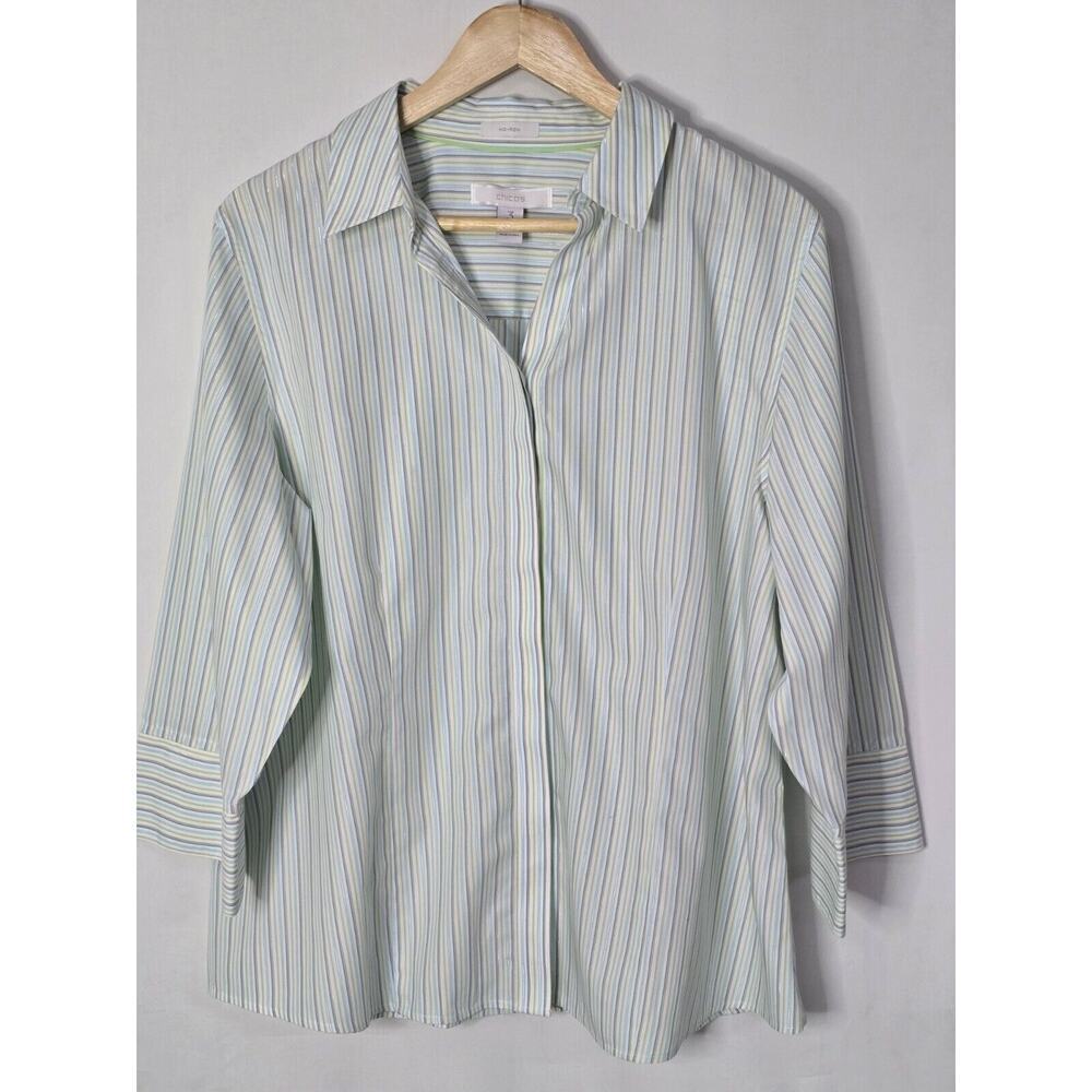 Chico's Size 3 Women's Green Metallic Striped Button Up Shirt Size XL No- Iron